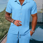 KZZ Men's Textured Crinkle Camping Shirt & Shorts Set