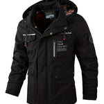 KZZ Men's letter-printed button pocket zipper hooded waterproof jacket