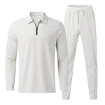 KZZ Men's solid color checkered casual suit, including long sleeved collar shirt and drawstring pants