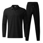 KZZ Men's solid color checkered casual suit, including long sleeved collar shirt and drawstring pants