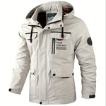 KZZ Men's letter-printed button pocket zipper hooded waterproof jacket