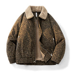 KZZ Vintage Leopard Print Lapel Fleece Lined Warm Jacket
