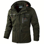 KZZ Men's letter-printed button pocket zipper hooded waterproof jacket