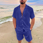 KZZ Men's Solid Color Shirt and Elastic Waist Shorts Set