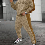 KZZ 3D Printed Drop Shoulder Round Neck Long Pants Two-Piece
