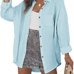 Nadorine Color Block Button Down Shirts Long Sleeve Linen Shirt-Nadorine