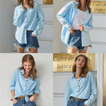 Nadorine Color Block Button Down Shirts Long Sleeve Linen Shirt-Nadorine