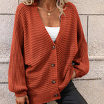 Nadorine Women's Button Down Horizontal-Ribbing Longline Cardigan