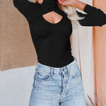Long Sleeve Turtleneck Wrap Look Front Ribbed Knitted Slim Fit Tops Tee Shirts
