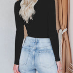 Long Sleeve Turtleneck Wrap Look Front Ribbed Knitted Slim Fit Tops Tee Shirts