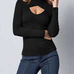 Long Sleeve Turtleneck Wrap Look Front Ribbed Knitted Slim Fit Tops Tee Shirts