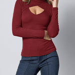Long Sleeve Turtleneck Wrap Look Front Ribbed Knitted Slim Fit Tops Tee Shirts