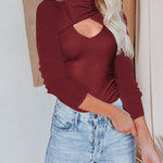 Long Sleeve Turtleneck Wrap Look Front Ribbed Knitted Slim Fit Tops Tee Shirts