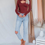 Long Sleeve Turtleneck Wrap Look Front Ribbed Knitted Slim Fit Tops Tee Shirts
