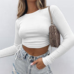 Nadorine Cute Crop Tops Long Sleeve Drawstring Ruched T-shirts