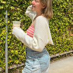 Puff Long Sleeve Rib Knit Short Fleece Cropped Cardigan