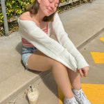 Puff Long Sleeve Rib Knit Short Fleece Cropped Cardigan