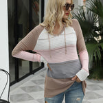 Knitted Hoodies Sweatshirt Loose Color Block Striped Tops