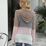 Knitted Hoodies Sweatshirt Loose Color Block Striped Tops