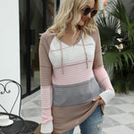 Knitted Hoodies Sweatshirt Loose Color Block Striped Tops