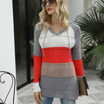 Knitted Hoodies Sweatshirt Loose Color Block Striped Tops