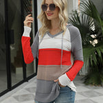 Knitted Hoodies Sweatshirt Loose Color Block Striped Tops