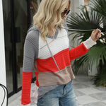 Knitted Hoodies Sweatshirt Loose Color Block Striped Tops