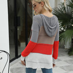 Knitted Hoodies Sweatshirt Loose Color Block Striped Tops