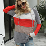 Knitted Hoodies Sweatshirt Loose Color Block Striped Tops