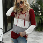 Knitted Hoodies Sweatshirt Loose Color Block Striped Tops