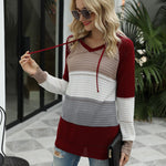 Knitted Hoodies Sweatshirt Loose Color Block Striped Tops