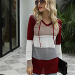 Knitted Hoodies Sweatshirt Loose Color Block Striped Tops