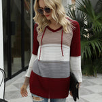 Knitted Hoodies Sweatshirt Loose Color Block Striped Tops