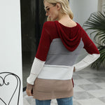 Knitted Hoodies Sweatshirt Loose Color Block Striped Tops