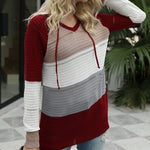 Knitted Hoodies Sweatshirt Loose Color Block Striped Tops