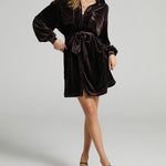 Wedding Guest Dress Long Sleeve Solid Color Pocket Canary Velvet Shirt Dress with Belt