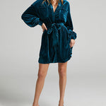 Wedding Guest Dress Long Sleeve Solid Color Pocket Canary Velvet Shirt Dress with Belt