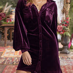 Wedding Guest Dress Long Sleeve Solid Color Pocket Canary Velvet Shirt Dress with Belt