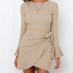 Trumpet Ruffle Long Sleeve Slim Bow Dress