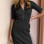Nadorine Women's Button Lapel Half Sleeve Fitted Ribbed Dress