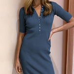 Nadorine Women's Button Lapel Half Sleeve Fitted Ribbed Dress
