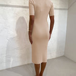 Nadorine Women's Button Lapel Half Sleeve Fitted Ribbed Dress