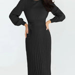 Pleated Mid Length Sweater Dress With Belt