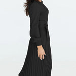 Pleated Mid Length Sweater Dress With Belt