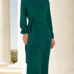 Pleated Mid Length Sweater Dress With Belt