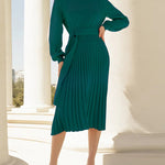 Pleated Mid Length Sweater Dress With Belt