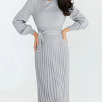 Pleated Mid Length Sweater Dress With Belt