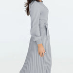 Pleated Mid Length Sweater Dress With Belt