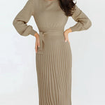 Pleated Mid Length Sweater Dress With Belt