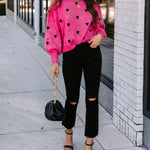 Peach Heart Pattern Long Bell Sleeve Knit Sweater